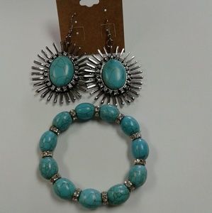 Turquoise and Rhinestone Earring and Bracelet Set